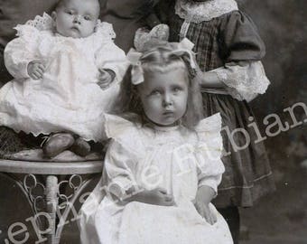 DIGITAL DOWNLOAD Antique Cabinet Card Photograph Cherubic Girl With Siblings Printable Image