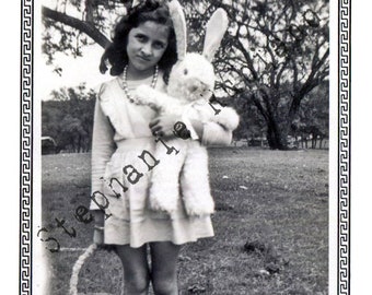 DIGITAL DOWNLOAD Antique Snapshot Photograph Little Girl with Stuffed Rabbit Bunny Journal Printable Image