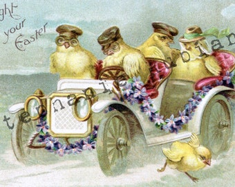 DIGITAL DOWNLOAD Antique Postcard Chicks in Antique Car Art Journal Printable Image