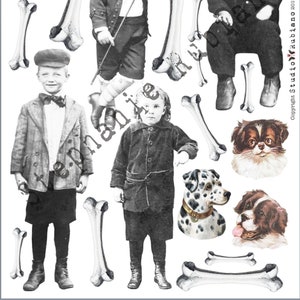 Pode incluir: Uma colagem de imagens em preto e branco com crianças, cães e ossos. As crianças estão vestidas com roupas vintage e segurando vários adereços, incluindo uma bengala e um livro. Os cães são de raças diferentes e estão olhando para a câmera. Os ossos estão espalhados por toda a imagem e são um elemento chave da colagem.