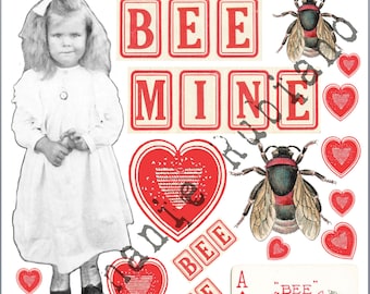 Valentine Bee Mine Shrink Plastic Printable Design Collage Sheet Digital Download