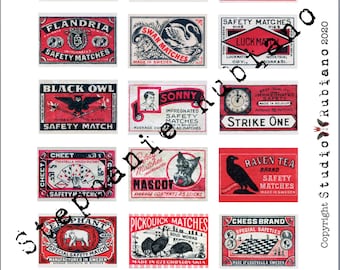 Red and Black Matchbox Labels Printable Design Collage Sheet Journal Digital Download