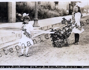 DIGITAL DOWNLOAD Antique Real Photo Postcard RPPC Photograph Two Girls Doll Buggy Parade Art Journal Printable Image