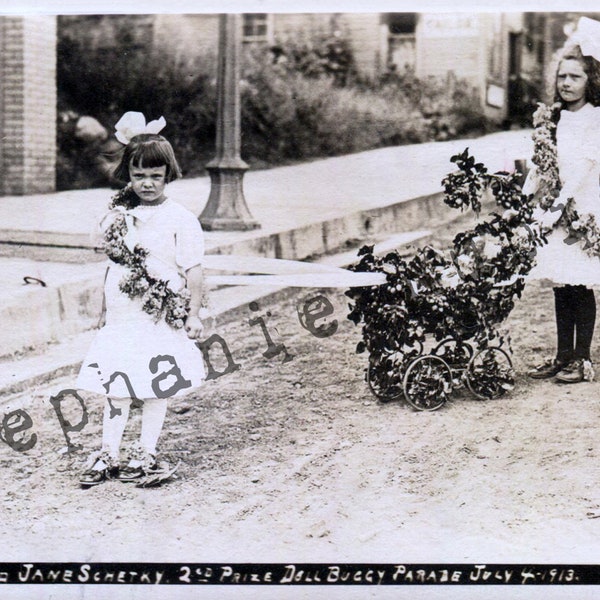 DIGITAL DOWNLOAD Antique Real Photo Postcard RPPC Photograph Two Girls Doll Buggy Parade Art Journal Printable Image