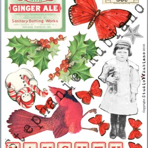 May include: A vintage Christmas collage featuring a red cardinal, holly, a snowman, a girl in a white dress, red butterflies, and the word "NAUGHTY" in red letters.