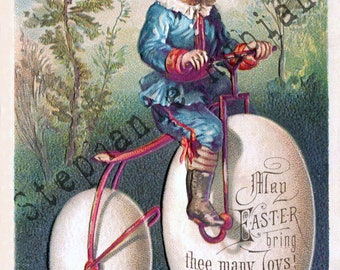 DIGITAL DOWNLOAD Antique Advertisement Trade Card Boy on Egg Bike Art Journal Printable Image