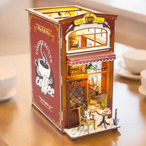 Kit de cafetería con forma de gato, kit de rincón de lectura, diorama de cafetería, decoración de estantería, adorno de librería, maqueta, regalo para ratones de biblioteca