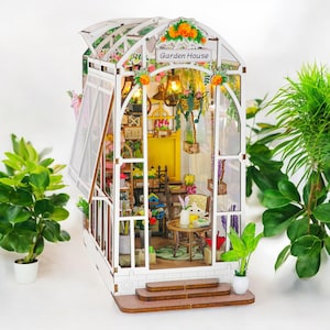 Kit en miniatura de sala de flores de bricolaje, kit de rincón de libros de bricolaje con luces LED, kit de diorama, decoración de estantería, kit de modelo, kit de casa de muñecas, regalo de ratón de biblioteca