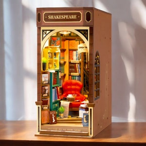 Zestaw do budowy księgarni Shakespeare Book Shop, Zestaw do budowy miniaturowej księgarni, Kącik z książkami DIY, Zbuduj własną księgarnię, Zestaw do budowy domku dla lalek, Miniaturowa diorama