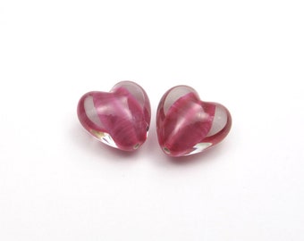 Carnation Pink Ribbon Czech Glass Heart Handmade Beads, 18mm - 2 pieces