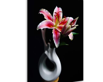 Pink & Red Stargazer lily floral photo in vase shaped like opening hands, romantic art for home decor spiritual gift for lovers and dreamers