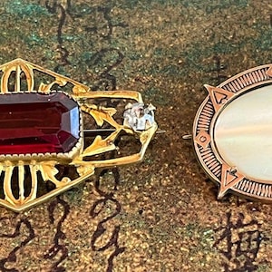 Two Victorian Pins Brooch Mother Of Pearl Red Stone Arrows Ornate