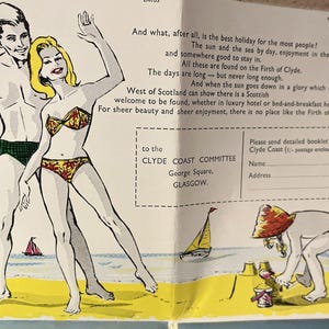 May include: Vintage travel advertisement featuring illustrations of people on a beach. A woman in a bikini and a man in swim trunks are depicted. The image includes text promoting the Clyde Coast Committee in Glasgow.