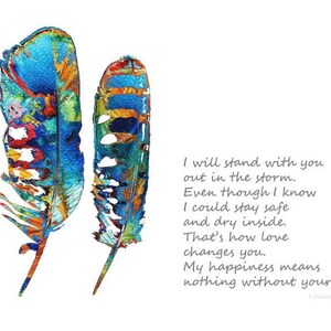 Colorful Native American Art PRINT frm Painting Primary Colors Feather CANVAS Romantic Artwork Indian Love Anniversary Wedding Gift Feathers