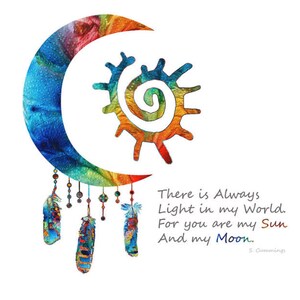 Colorful Native American Art PRINT from Painting Primary Colors Feather CANVAS Sun And Moon Large Artwork Indian Love Wedding Gift Feathers