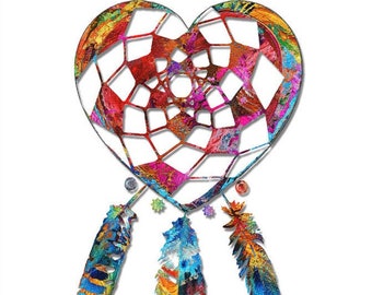 Colorful Feather Art Dream Catcher PRINT frm Painting Native American Indian Primary Color CANVAS Gift Heart Love Artwork Healing Romantic