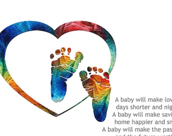 Coloridos pies de bebé arte familiar amor dedos de los pies poema oración amorosa nueva mamá madre papá padres lindo divertido guardería bebés ducha gran regalo colores primarios