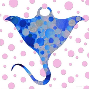 May include: A blue manta ray with a white background and pink polka dots. The manta ray is made up of blue circles of varying sizes.