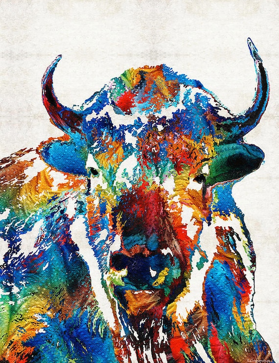 Buffalo Art Print From Painting Colorful Bison Animal Country