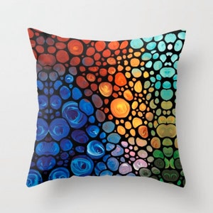 Colorful jewel tones mosaic throw pillow.  Offered as rainbow colors accent pillows, modern furnishings and abstract accents.