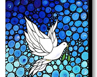 Dove Art Print from Painting Flowers Blue Peaceful Doves White CANVAS Birds Large Artwork Spiritual Peace Bird Jewish Christian Art Mosaic