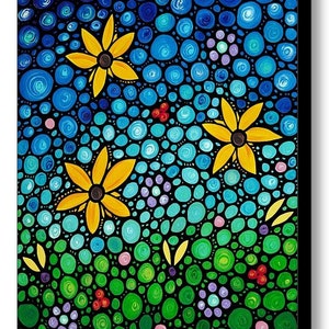 Colorful blue and green mosaic landscape with yellow sunflowers fine art prints.  Offered as daisy flower wall decor, garden furnishings and floral accents.