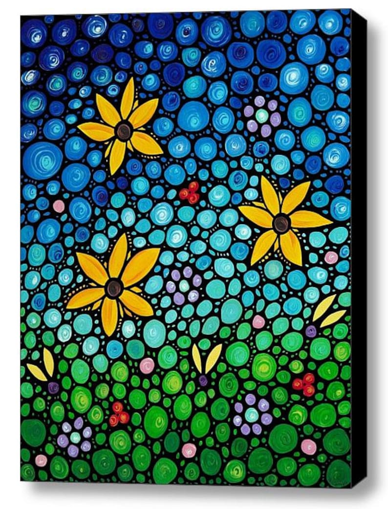 Colorful blue and green mosaic landscape with yellow sunflowers fine art prints.  Offered as daisy flower wall decor, garden furnishings and floral accents.