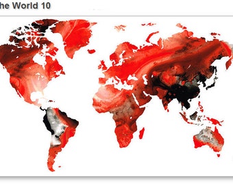 World Map Art PRINT from Painting White Red Black Travel Earth Maps Abstract Colorful CANVAS Global Travel Large Artwork Big Country Modern