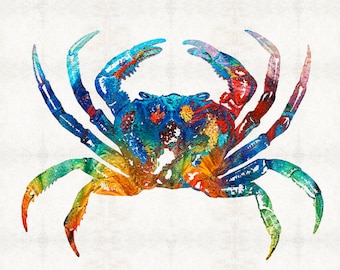 Colorful Crab Art PRINT Beach Ocean Sea Tropical Decor Beachy Home CANVAS Gourmet Kitchen Crabs Rainbow Crabby Animal Seafood Primary Colors
