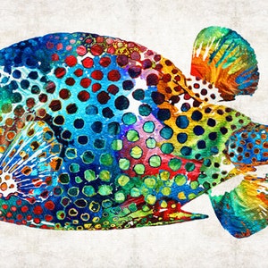 Colorful rainbow colors blue, aqua and yellow gold tropical puffer fish for beach house fine art prints.  Offered as beachy blow fish wall decor, coastal living furnishings and ocean accents.