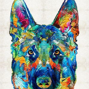 Rainbow color colorful German Shepherd dog art.  GSD dogs and puppies dog portrait painting.