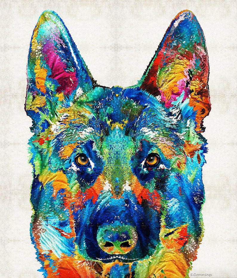Rainbow color colorful German Shepherd dog art.  GSD dogs and puppies dog portrait painting.