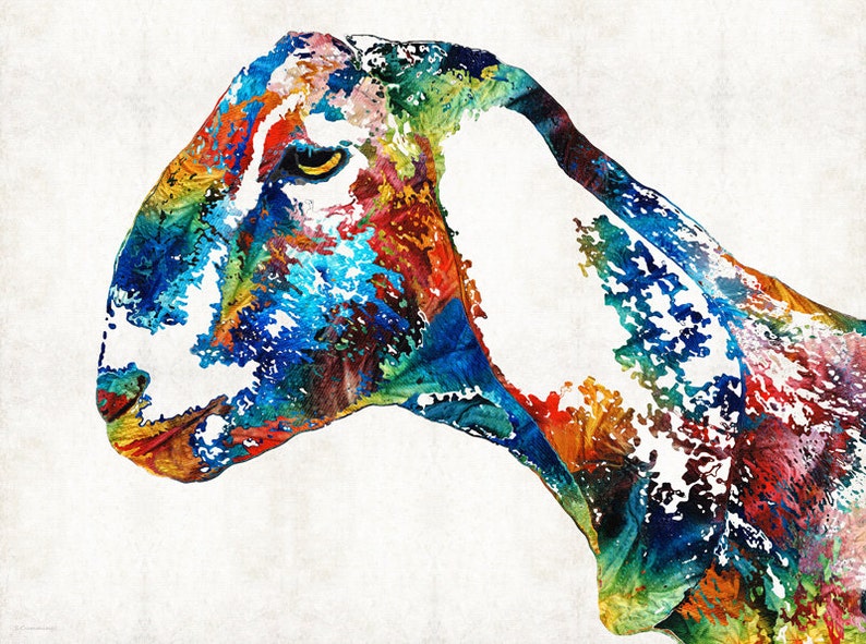 Rainbow colored colorful Nubian goat art.  Big goats ears in a pet animal portrait for farm animals lovers, gift, wall decor, farmhouse furnishings and country accents.