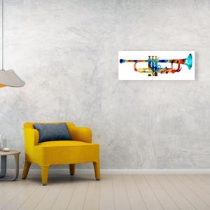 Colorful primary colors music trumpet fine art prints.  Offered as brass musical wall decor, musician studio furnishings and classical trumpets gift accents.