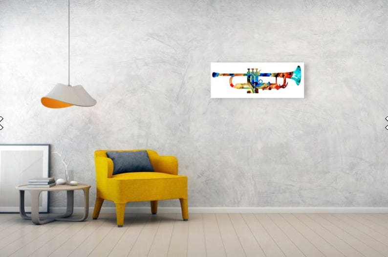 Colorful primary colors music trumpet fine art prints.  Offered as brass musical wall decor, musician studio furnishings and classical trumpets gift accents.