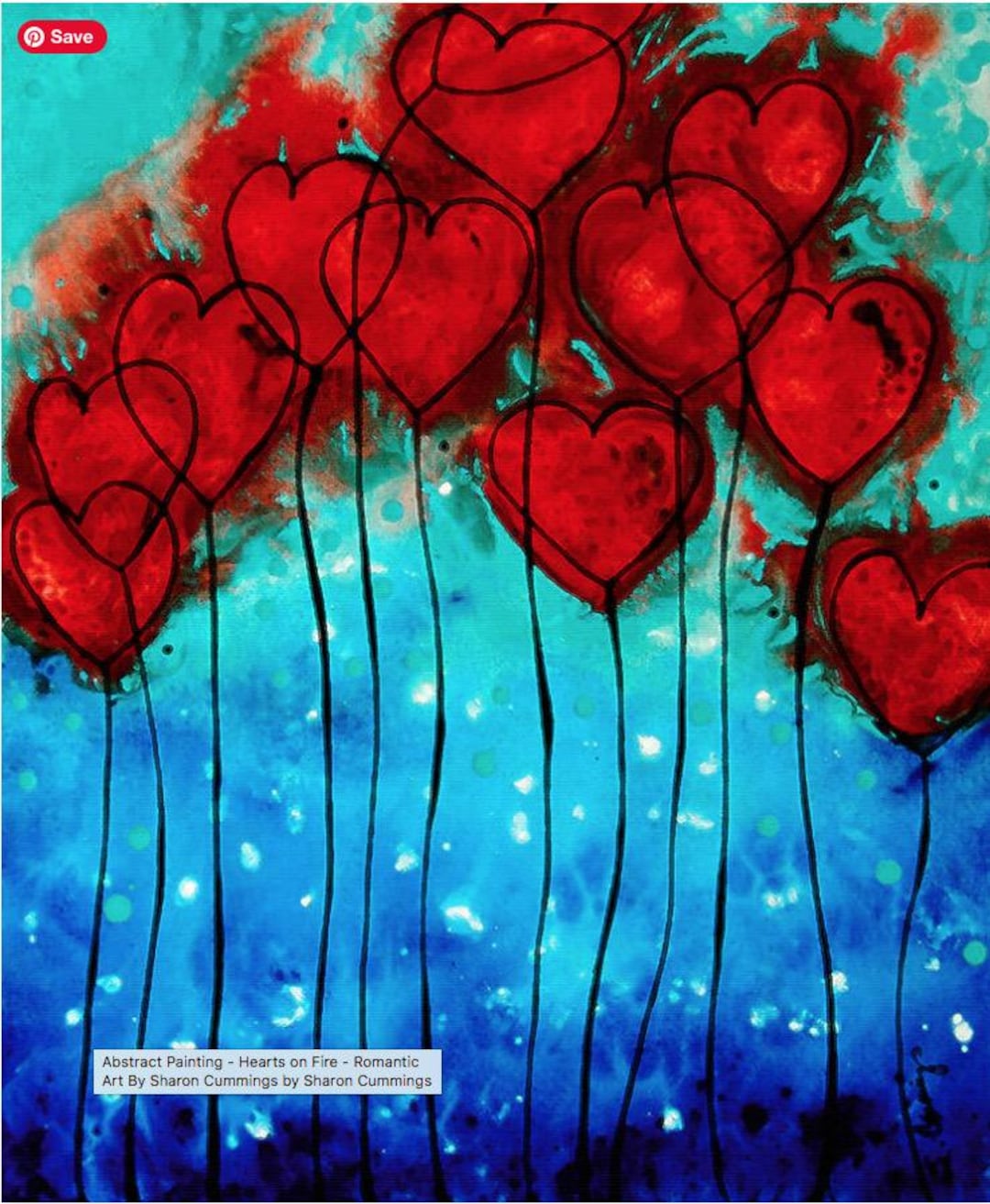 Romantic Heart Art PRINT Hearts on Fire Love Red and Blue Flower