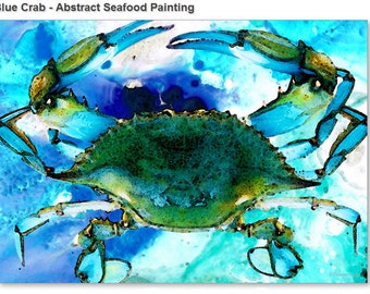 Blue Crab Art PRINT from Painting Crabs New Orleans Seafood Food Gourmet Beach Ocean CANVAS Florida Large Artwork Tropical Decor Kitchen