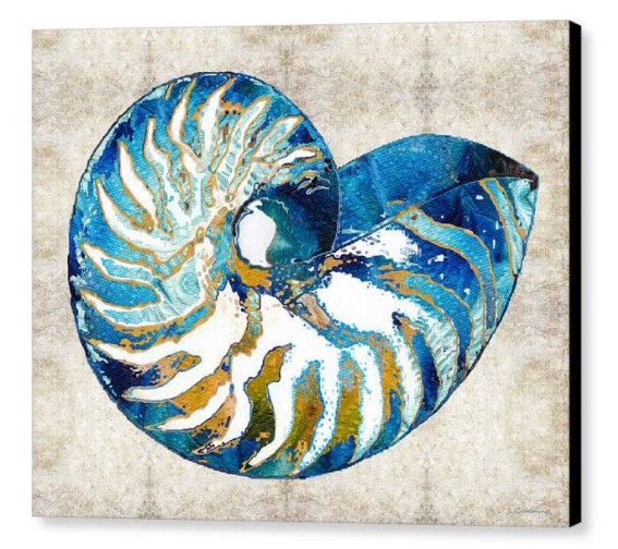 Nautilus Shell Art Print From Painting Colorful Blue Beach | Etsy