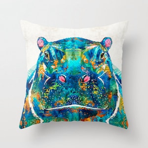 Throw Pillow Colorful Hippo Art Design COVER Home Sofa Bed Chair Decor Pillows Hippopotamus Artsy Hippos Zoo Nursery Room Kids Cute Animal