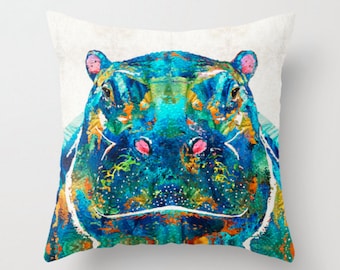 Throw Pillow Colorful Hippo Art Design COVER Home Sofa Bed Chair Decor Pillows Hippopotamus Artsy Hippos Zoo Nursery Room Kids Cute Animal