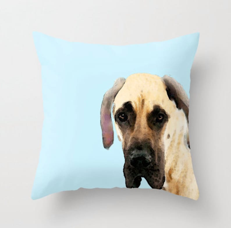 Big colorful Fawn Great Dane on baby blue dog print on a throw pillow.  Offered as Great Danes dogs accents pillows, furnishings and home decor.