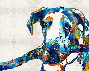 Colorful Harlequin Great Dane Dog Art PRINT from Painting Pets Dogs Animals CANVAS Ready To Hang Large Merle Artwork Jewel Colors Primary