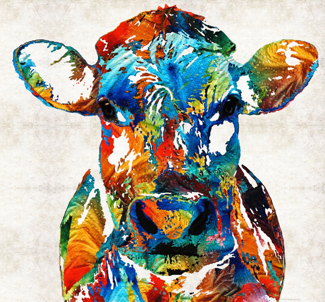 Colorful Cow Animal PRINT Art From Painting Primary Colors Farm