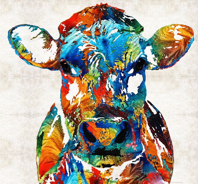 Colorful Cow Animal PRINT Art From Painting Primary Colors Farm