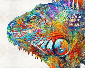 Colorful Iguana Art PRINT from Painting Cute LIzard Reptile Cool Rainbow Tropical Beach Animal Pop Art CANVAS Iguanas Beachy Large Fun Funny