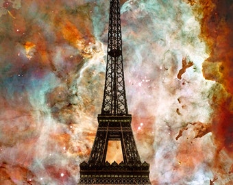 Eiffel Tower Art PRINT Paris France Travel Landscape Sky Nebula Modern French Decor Accents Collage Cool Unique Gift Artwork Famous Landmark