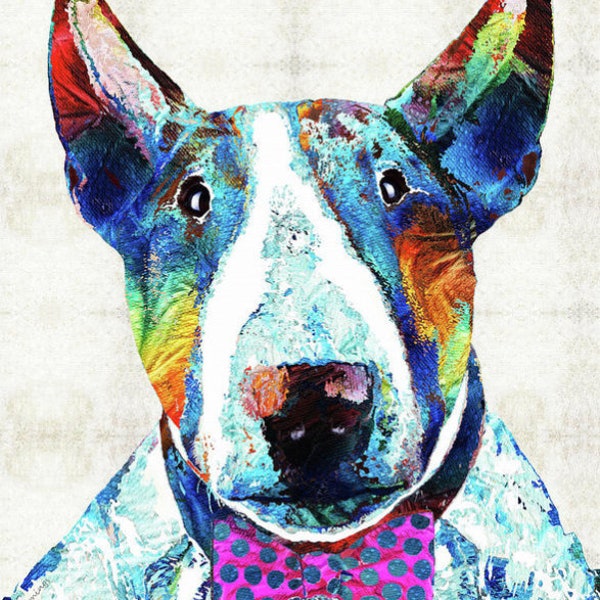 Colorido Bull Terrier Arte IMPRESIÓN de Pintura Amantes de los perros Mascotas Divertido Lindo Animal Pop Art CANVAS Perros Cachorros Cachorros Spuds McKenzie Bow Tie