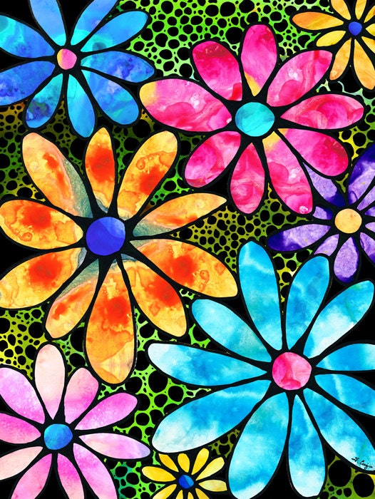 Colorful Flower Art CANVAS PRINT Spring Daisy Daisies Blue Pink
