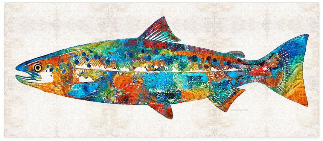 Salmon Fish Art PRINT Painting Colorful Farmhouse Fly Fishing