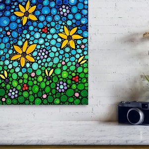 Colorful blue and green mosaic landscape with yellow sunflowers fine art prints.  Offered as daisy flower wall decor, garden furnishings and floral accents.